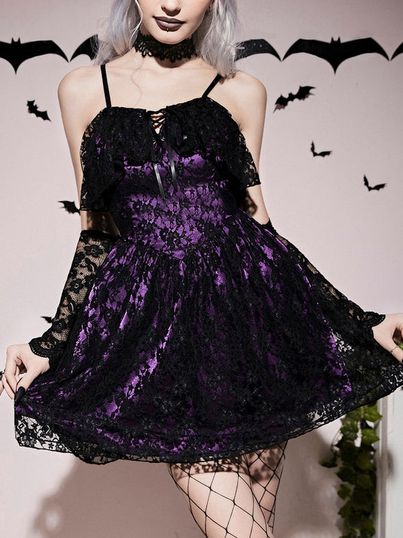 Purple Gothic Lace Up Back Cami Dress Halloween Costume Without Gloves