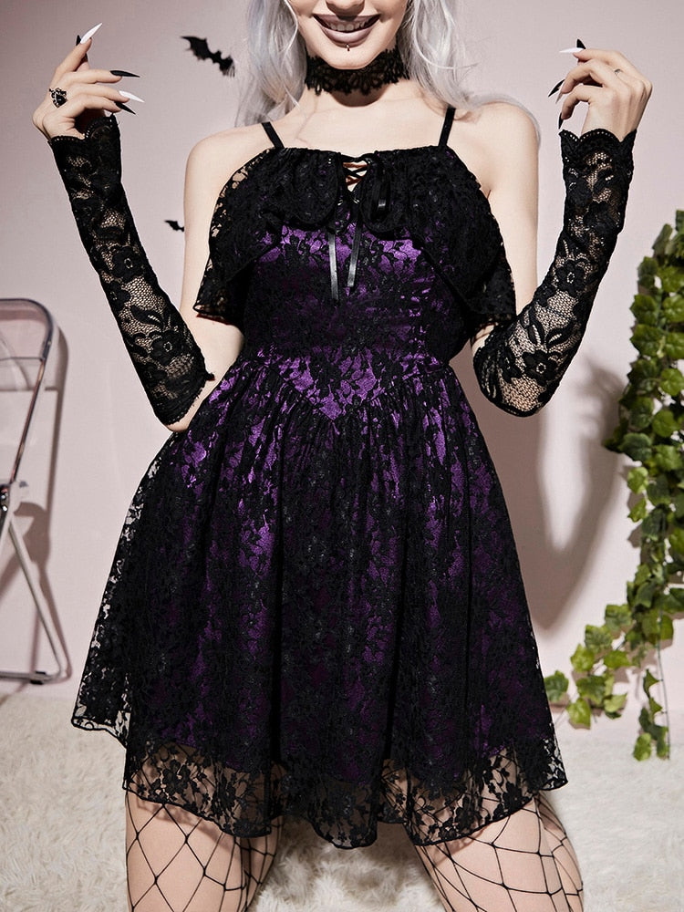 black and purple gothic dress Purple Gothic Lace Up Back Cami Dress Halloween Costume Without Gloves