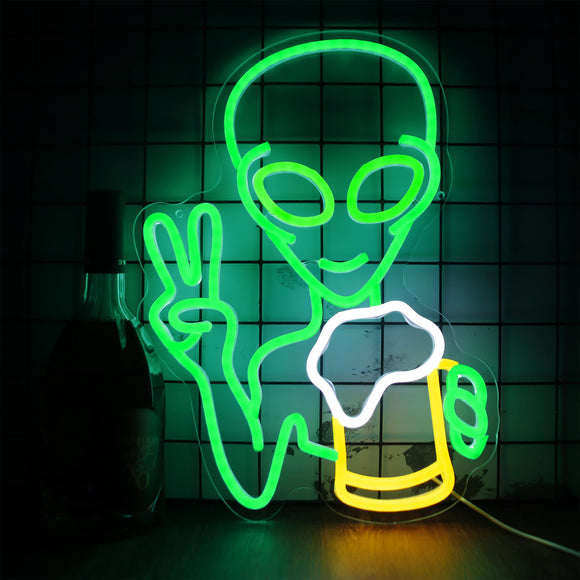 Alien Drinking Beer Neon Light LED Welcome Sign Restaurant Bar Party