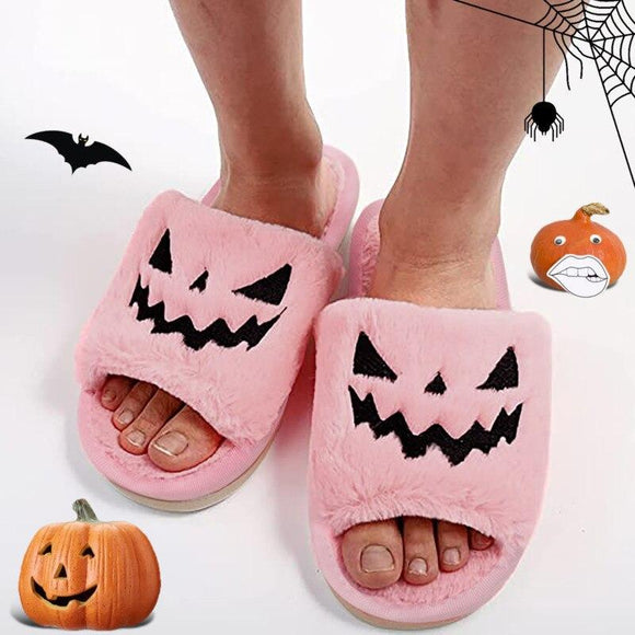 Halloween Pumpkin Slippers Open Toe Women Fuzzy Slippers Color Pink