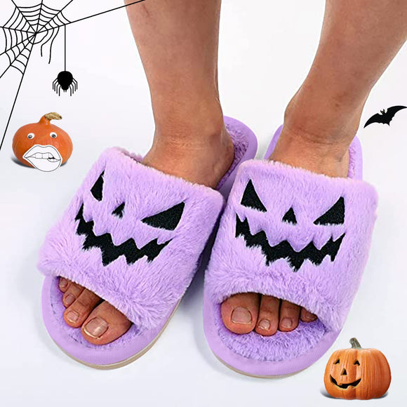 Halloween Pumpkin Slippers Open Toe Women Fuzzy Slippers Color Purple
