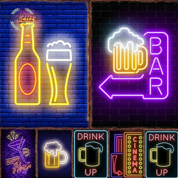 Neon Bar Metal Tin Sign Open Decoration Plate Beer Wall Decor Room